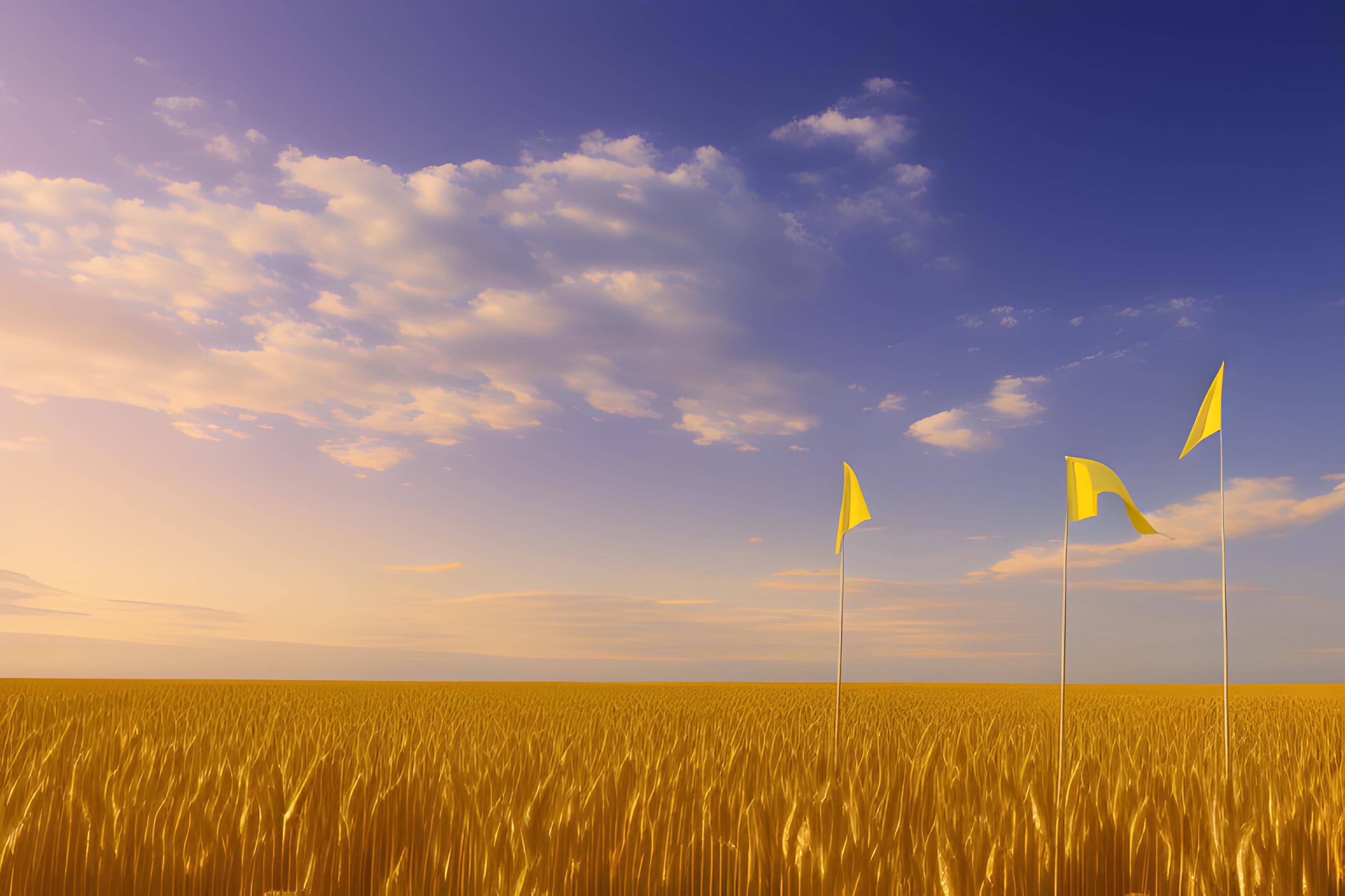 A wheat field in daylight with with a clear blue skies, add a few drones flying on the sky and plan…